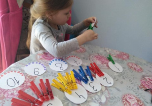 dziewczynka ćwiczy matematykę na klamerkach