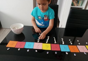 chłopiec wykonuje zabawę matematyczną z fasolkami