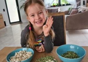 dziewczynka w geście radości po rozdzieleniu ziaren fasoli i grochu