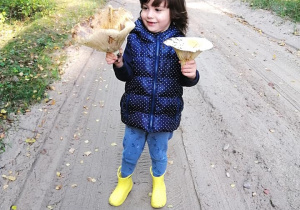 dziewczynka na spacerze w lesie prezentuje znalezione grzyby