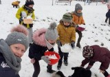 grupa dzieci buduje mur ze śniegu, który przynoszą w miskach