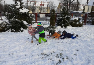 dwoje dzieci ciągnie sanki, spada z nich chłopiec, za nim na śniegu leży kolega