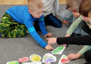 dzieci na podłodze oglądają papierowe emblematy owoców