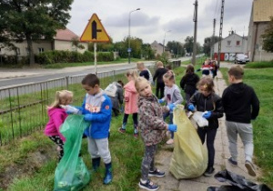 grupa dzieci na dworze , sprzątają śmieci do worków
