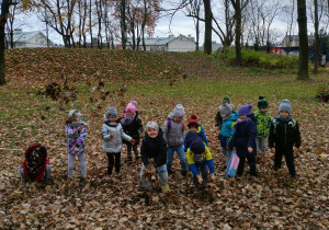 grupa dzieci w parku bawi się w liściach