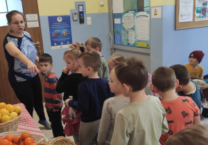 nauczycielka rozmawia z dziećmi o owocach