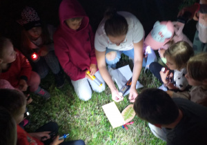 noc, grupa dzieci i nauczycielka w przedszkolnym ogrodzie, rozwiązują zadanie na grze