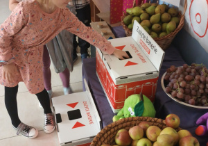 dzieci wrzucają baterie do specjalnych pojemników i częstują się owocami