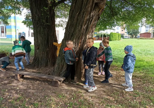 Grupa dzieci bawi się w ogrodzie przedszkolnym. W tle znajdują się drzewa i altanka.