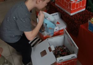 chłopiec wrzuca stare baterie do specjalnego pudełka