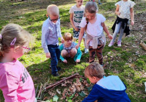 Dzieci z grupy Biedronki budują domek dla jeży.