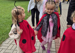 na pierwszym planie kilka dziewczynek przebranych za biedronki , na dalszym rówieśnicy ustawieni do zabawy w kole