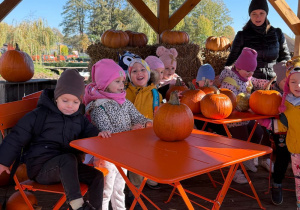 dzieci w altanie, siedzą przy pomarańczowych stolikach, w róznych miejscach leżą dynie, obok stoi nauczycielka