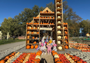grupa dzieci pozuje do zdjęcia na tle dekoracji z dyniami , na której jest napis DOBRONIANKA, przed grupą rózne dynie ułożone w rzędy