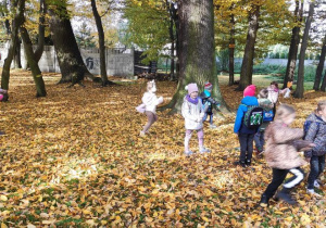 grupa dzieci biega pomiędzy drzewami w parku, pod nogami żółte liście