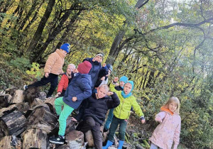 Grupa dzieci wspina się na kawałki drzewa.