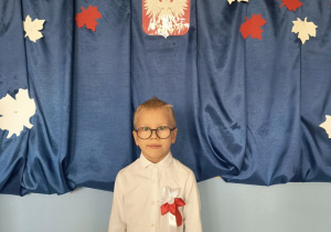 Chłopiec pozuje do zdjęcia na tle dekoracji przygotowanej z okazji Narodowego Święta Niepodległości.