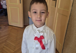 Chłopiec w odświętnym stroju pozuje do zdjęcia.