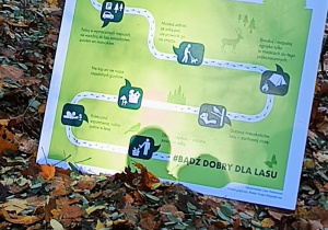 tabliczka edukacyjna "leśny savoir-vivre" leży na leśnym poszyciu