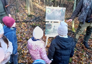 grupa dzieci w lesie, oglądają tablicę edukacyjną o dziku