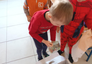 Chłopiec wrzuca do pudełka zużyte baterie.